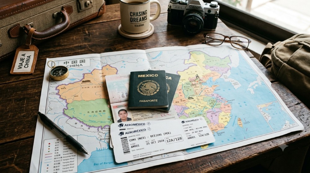 Pasaportes mexicanos y boletos de avion sobre un mapa de china encima de una mesa